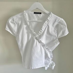 Brandy Melville White Cotton Short Sleeve Wrap Top